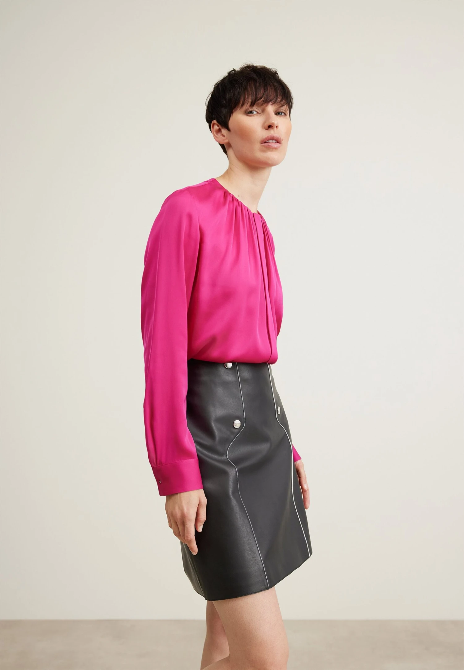 Boss Ruched-Neck Blouse In Stretch-Silk Crepe De Chine - Blouse - Bright Pink 1 Boss Ruched-Neck Blouse In Stretch-Silk Crepe De Chine - Blouse - Bright Pink