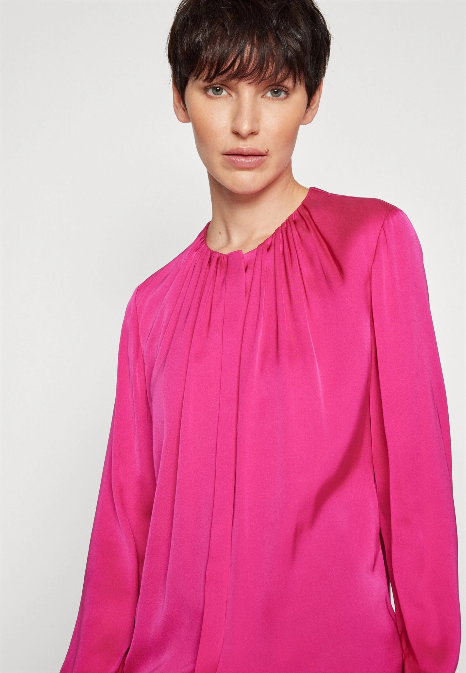Boss Ruched-Neck Blouse In Stretch-Silk Crepe De Chine - Blouse - Bright Pink 6 Boss Ruched-Neck Blouse In Stretch-Silk Crepe De Chine - Blouse - Bright Pink - Afbeelding 6