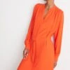 Boss Belted Shirt Dress With Collarless Styling And Button Cuffs - Jurk - Bright Orange