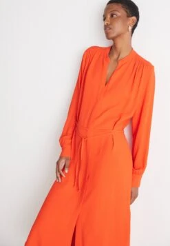 Boss Belted Shirt Dress With Collarless Styling And Button Cuffs - Jurk - Bright Orange