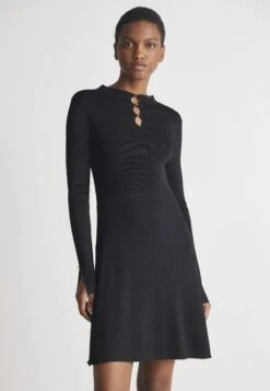 Boss Long-Sleeved Stretch Dress With Feature Neckline - Gebreide Jurk - Black